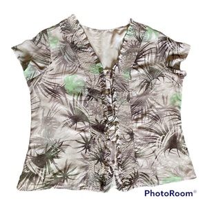 Short sleeve button down ruffle top Shirred vneck tropical palm tan & green XL